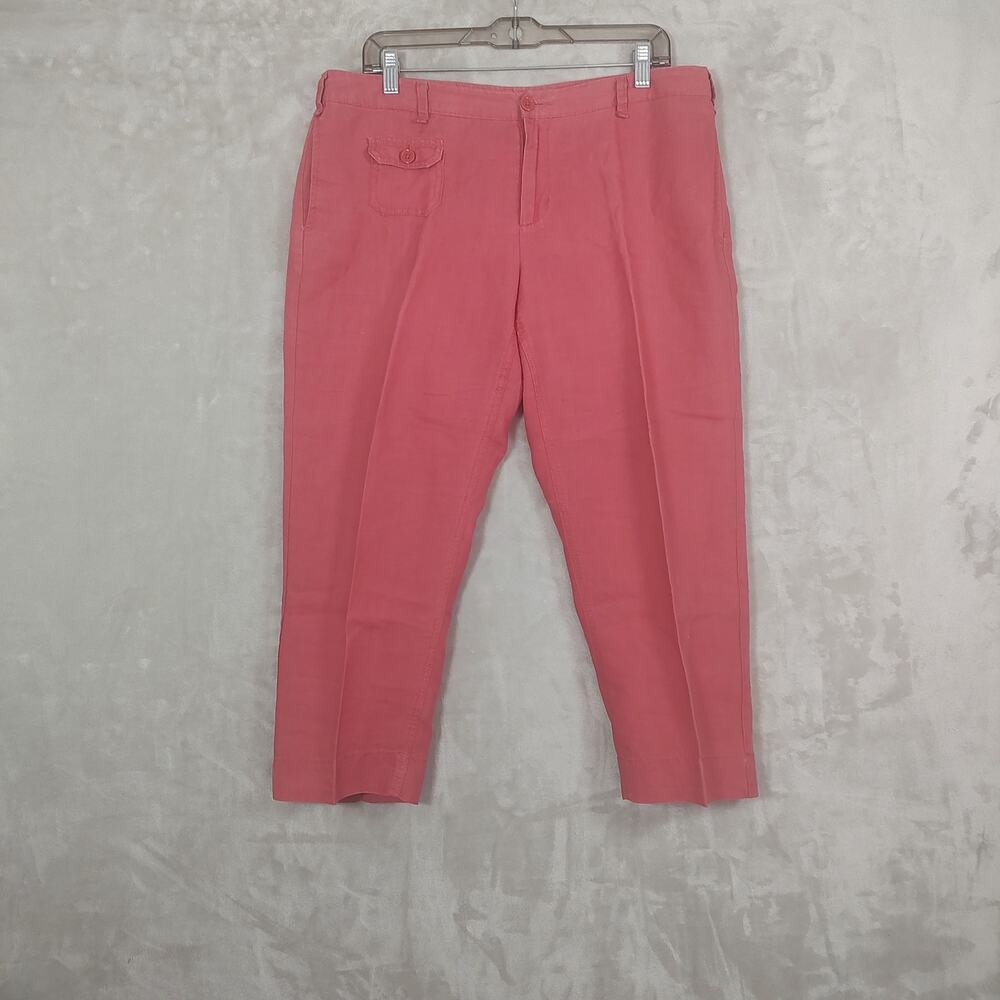 Cynthia Rowley Cropped Pants Salmon Pink 100% Linen Size 12 Straight Leg Pockets